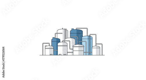 Minimalist vector illustration of a modern industrial factory with storage tanks and silos for chemical processing or oil refining