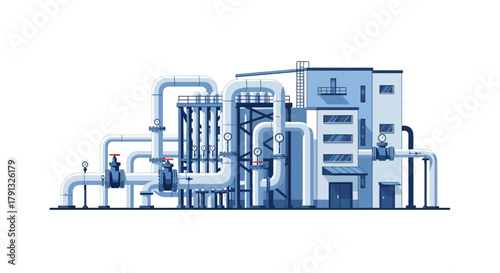 A modern industrial factory complex with a sophisticated network of pipes and valves, symbolizing advanced manufacturing and engineering technology