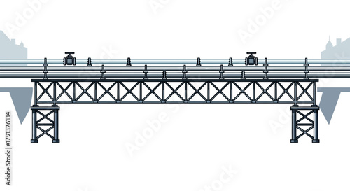 An industrial pipeline on a steel truss bridge, a vector illustration representing energy transport, supply chain, and infrastructure