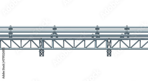 A long, straight section of an industrial pipeline, featuring multiple metal tubes on a steel truss framework, shown in a side view on a white background