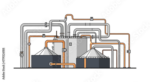 Flat vector illustration of a modern industrial processing plant with large storage tanks and a complex network of pipelines on a white background