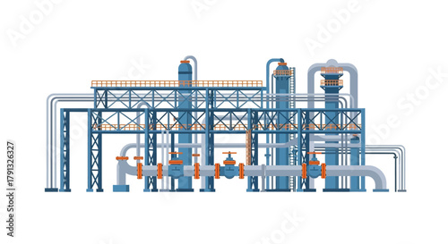 Industrial manufacturing plant with a complex network of pipelines for chemical processing and energy production, isolated vector illustration