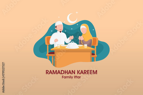 Ramadhan kareem family iftar vector illustration isolated. Best for Islamic Ramadhan Greeting Card