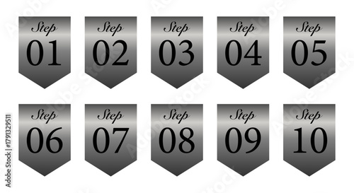 ダークグレーの立体的グラデーションを使用した旗型のステップ番号ラベルコレクション（10個セット）