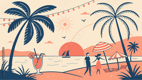 Tropical beach vacation scene with palm trees, couple, cocktail and sunset vector illustration design element