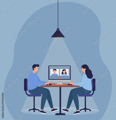 Virtual Meeting in Flat Vector Style: Two People Engaged in Online Video Call Under Hanging Lamp, Remote Collaboration, Virtual Conference, Online Communication, Digital Workspace, Video Call Interact