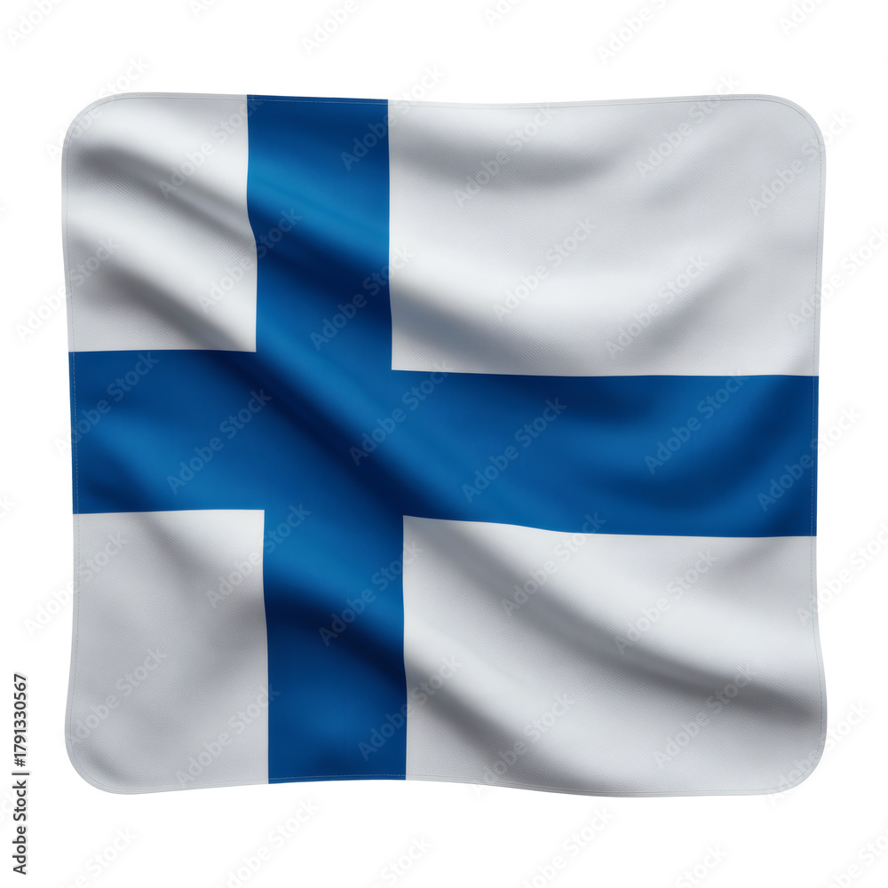 Fototapeta premium Proudly waving Finland flag with bold blue Nordic cross design, representing Finnish identity, perfect for global events and celebrations