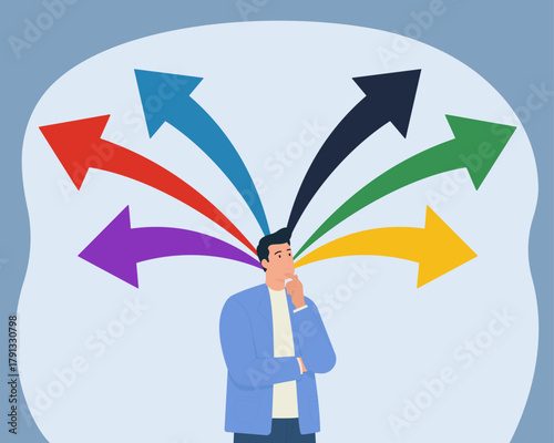 Man Pondering Choices: Colorful Arrows Emerge from Head in Flat Vector Style, Decision Making, Multiple Options, Creative Thinking, Uncertainty Dilemma, Path Selection