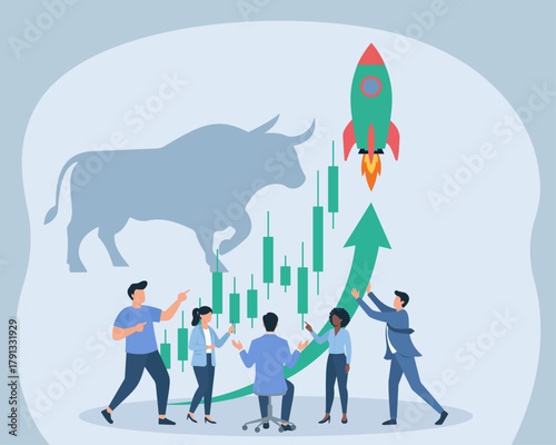 Bull Market Team Rocket Launch: Diverse business group collaborates on surging stock charts with bull silhouette and upward rocket in flat vector style, Bull Market Surge, Financial Growth Chart