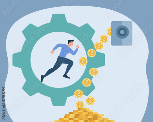 Man Running in Giant Gear Producing Euro Coins Pile, Hard Work Pays Off, Financial Productivity Machine, Wealth Generation Cycle, Economic Grind Illustration, Currency Accumulation Process