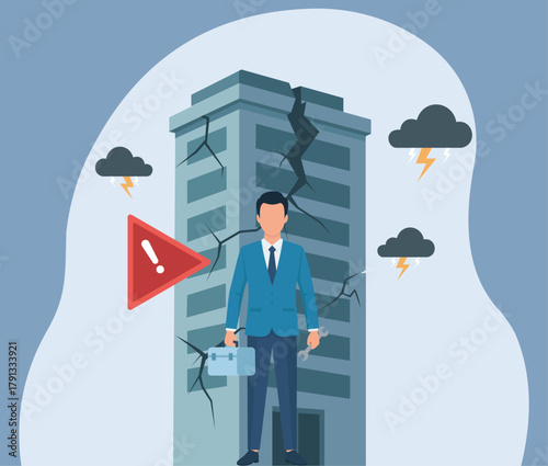 Businessman Amid Crumbling Skyscraper Crisis in Flat Vector Illustration, Corporate Instability, Business Risk, Economic Downturn, Warning Alert, Stormy Challenges