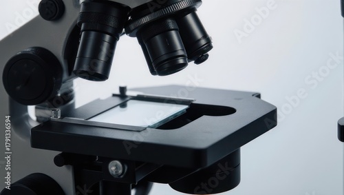 Close up of a laboratory microscope with a slide on the stage.
