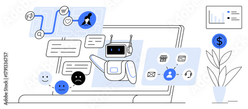 AI bot engaging with users via chat, icons representing tasks, and analytics on a screen. Ideal for automation, support, AI, customer experience, feedback, tech solutions and productivity concepts