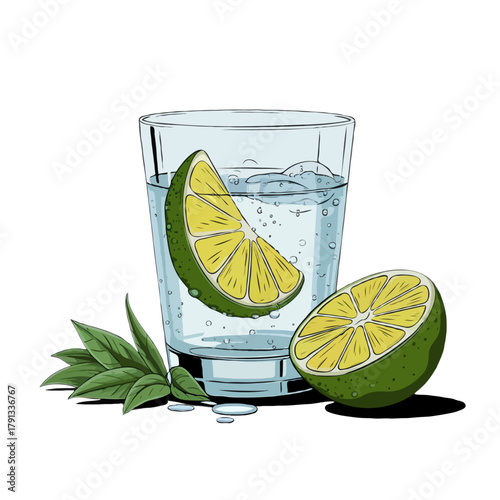 Refreshing clear tequila shot glass with ice lime wedges and agave leaves isolated on white background