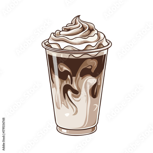 Hand drawn illustration of a delicious iced coffee drink with whipped cream and chocolate syrup swirls in a clear plastic cup isolated on white background