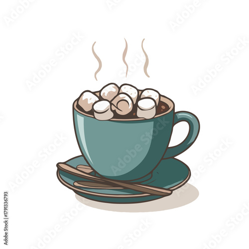 Cozy teal mug filled with steaming hot chocolate topped with fluffy marshmallows and a cinnamon stick isolated on white background