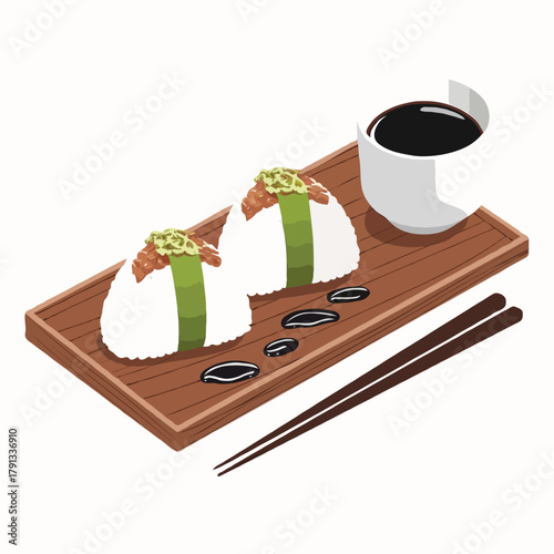 Delicious japanese onigiri rice balls with savory toppings served on a wooden tray with soy sauce and chopsticks isolated on white background