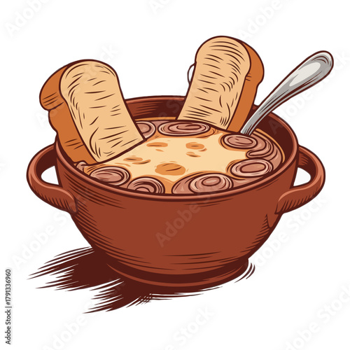 Hearty french onion soup with toasted bread croutons and melted cheese in a rustic bowl isolated on white background