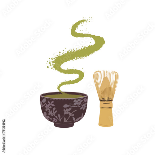Traditional japanese matcha tea ceremony preparation with a dark patterned bowl filled with green powder and a bamboo whisk creating a swirling cloud of matcha isolated on white background