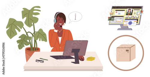Support agent at desk with headset, plants, computer, and office tools. Customer service, e-commerce, online support, logistics product tracking communication teamwork. Clean simple flat metaphor