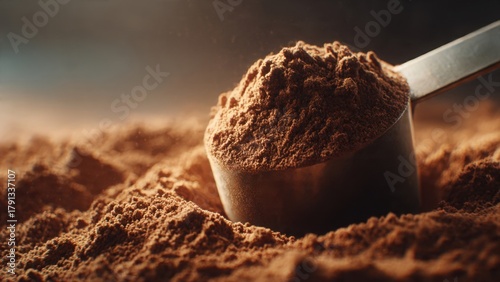 A high-detail close-up of a scoop filled with rich chocolate protein powder, focusing on the granulated texture and warm shadows for a luxurious tone
