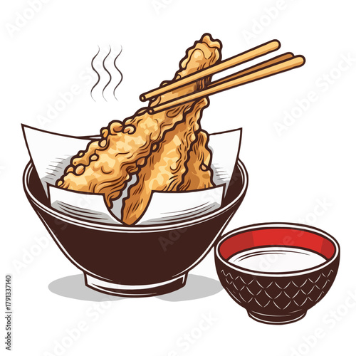Delicious golden brown shrimp tempura served in a dark bowl with chopsticks and a dipping sauce bowl isolated on white background