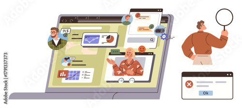 Laptop screen displaying video calls, charts, profiles, and alerts, alongside a figure analyzing with a magnifier. Ideal for teamwork, remote work, collaboration, online meetings analysis