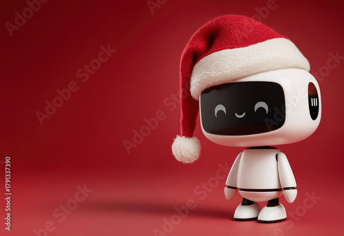 Happy white futuristic AI robot wearing Santa Claus hat for Christmas and smiling, copy space on red background