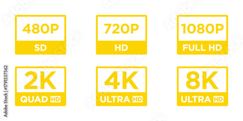 Video Resolution Icons Set. 480p, 720p, 1080p, 2K, 4K, 8K Vector Labels