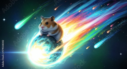 Hamster riding a planet with colorful comets in space.