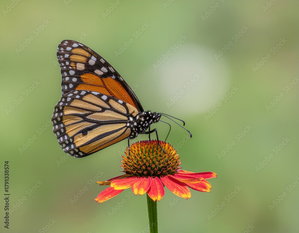Obraz premium Monarch butterfly resting on a red and yellow flower.