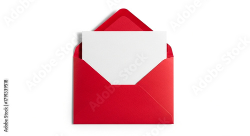 Red open envelope with blank card isolated on white background