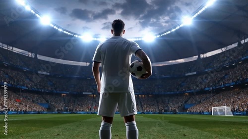 Professional Male Soccer Player in White Uniform Standing on the Pitch, Holding a Ball and Facing a Vast, Illuminated Stadium Crowd, Symbolizing Success, Challenge, and Anticipation