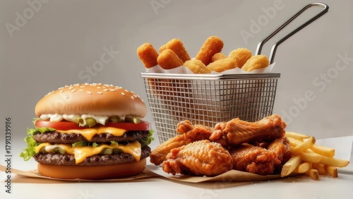 Delicious Fast Food Feast - Burger, Wings, Fries, and Mozzarella Sticks.