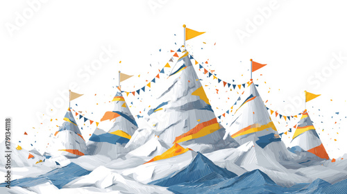 Abstract Mountain Landscape with Colorful Flags and Confetti