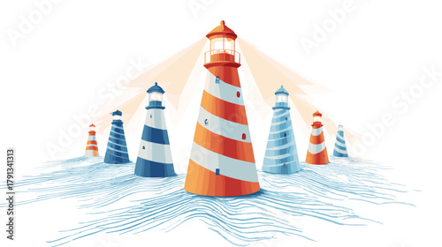 Colorful Lighthouse Vector Illustration with Ocean Waves