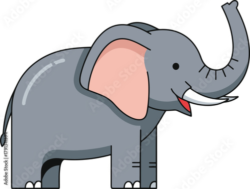 a cheerful gray cartoon elephant with tusks and a raised trunk, standing with an open mouth and pink inner ears.