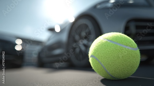 Tennis ball and luxury cars, lifestyle contrasts in sports and transportation