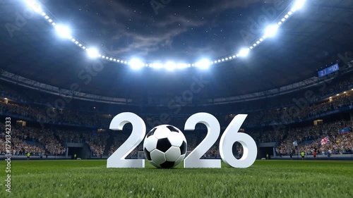3D Render of the Year 2026 with a Soccer Football Ball Replacing the Zero, Set on the Grass Pitch of a Massive, Illuminated Stadium During a Night Match