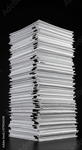 Huge towering stack of white documents and folders creating an administrative burden on a desk, symbolizing excessive workload and bureaucracy ,blank ,demanding ,folders