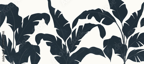 A tropical art background with black silhouettes of exotic leaves in a modern style. Leaves of tropical trees and palms are perfect for banners, prints, packaging, textiles, posters, interior design.