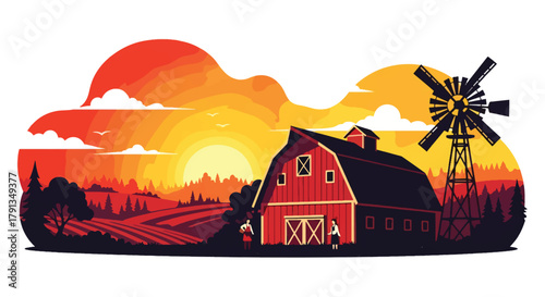 Flat vector illustration of sunset over countryside barn with orange sky and windmill. Solid warm tones, minimal landscape composition, no gradients, nostalgic rural theme