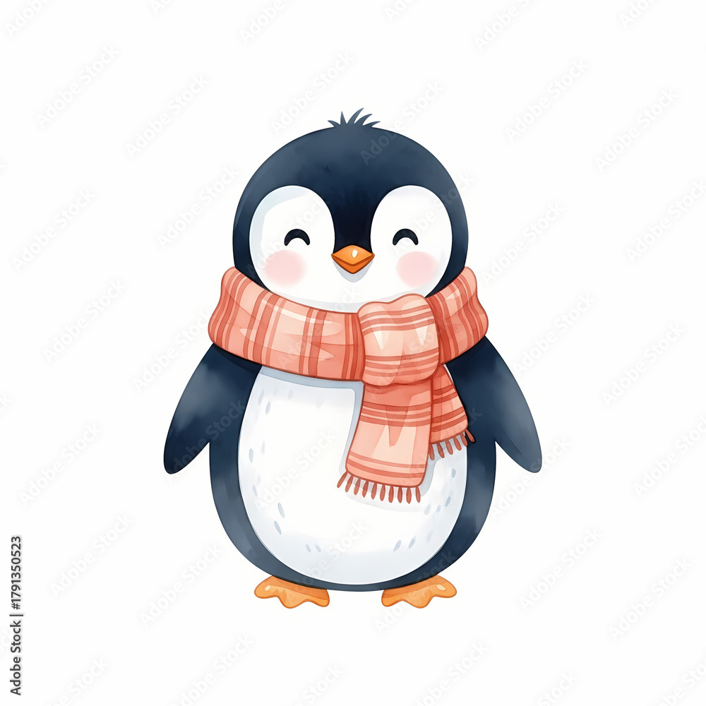 Obraz premium Cute penguin wearing a scarf and smiling on white background 