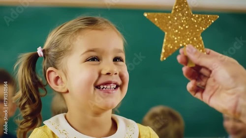 A happy young girl with blond hair smiles at a golden star in a classroom. Children and a green chalkboard are in the background. Celebrating school achievement.