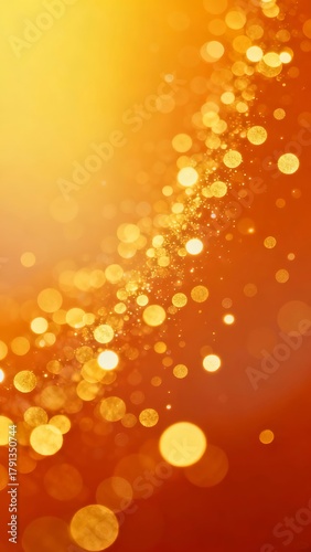 A vibrant abstract background featuring a gradient of warm orange hues adorned with sparkling golden bokeh lights, creating a festive and celebratory atmosphere.