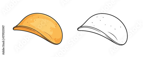 Single crunchy wavy potato chip illustration in cartoon and outline style golden and brown colors representing fast food snacks or appetizers