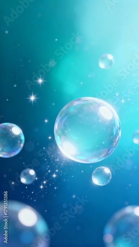 Wallpaper Mural A serene underwater scene featuring translucent bubbles floating amidst a gradient of blue hues, illuminated by soft light and sparkling star-like particles. Torontodigital.ca