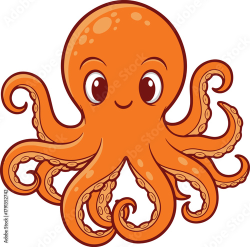 a friendly orange cartoon octopus with large, adorable eyes, smiling widely.