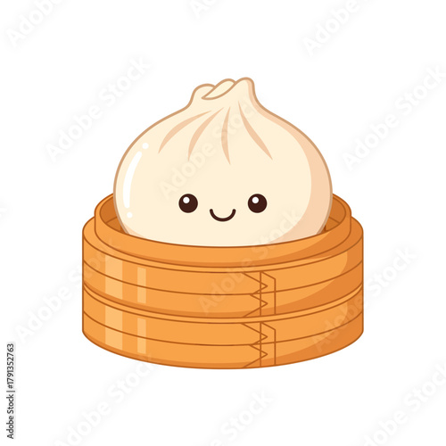 An adorable kawaii steamed dumpling character with a sweet, smiling face peeks happily from inside a traditional bamboo steamer basket