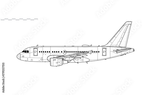 Airbus A318 PW6000. Vector drawing of narrow body jet airliner. Side view. Image for illustration and infographics.